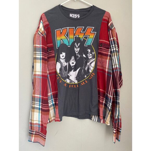 KISS Tshirt, Reworked Flannel, Rock Band, Rocker, 80s - Picture 1 of 2